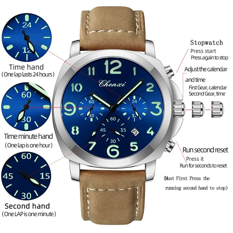 Fashion Casual CHENXI Male Quartz Watch Multi‑function Chronograph Luminous Waterproof Luxury Leather Strap Men Wristwatch
