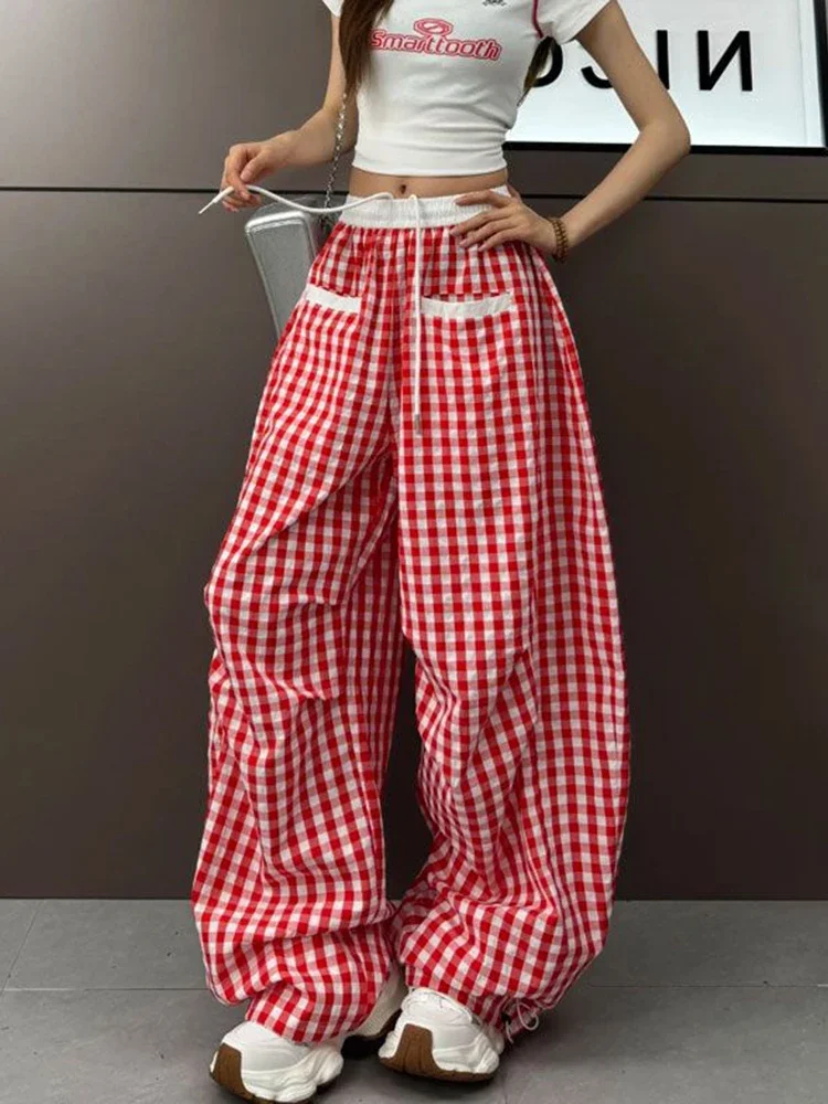 Pantaloni scozzesi retrò Harajuku Pantaloni larghi casual a vita alta da donna Streetwear Pantaloni larghi vintage americani Bf Novità