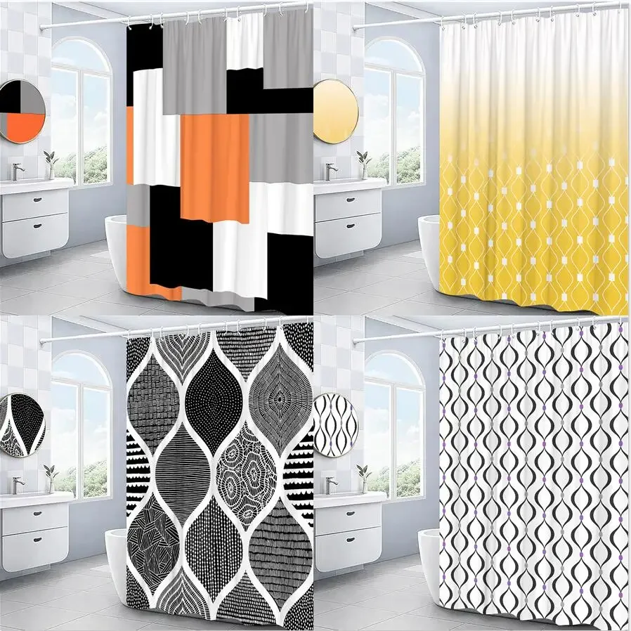 

Modern 3D Geometry Shower Curtains Set Red Orange Grey Yellow Lattice Fabric Bathroom Accessories Black and Gray Bath Curtains