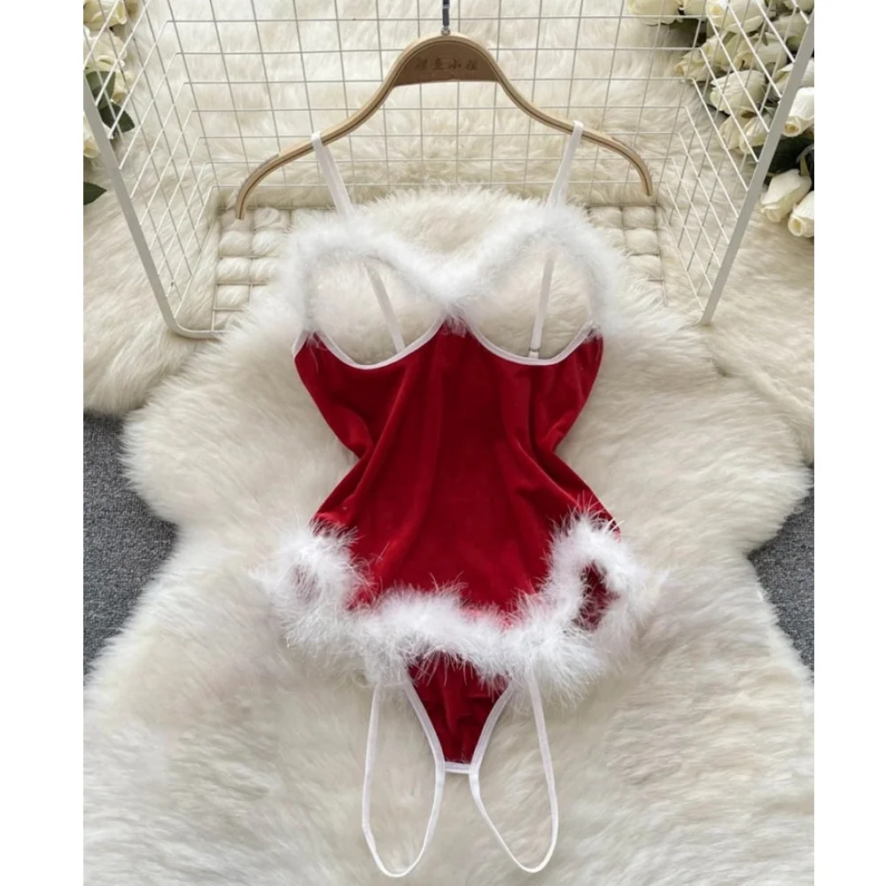 Slash Neck Halter Neck Top Plush Patchwork Petal Long Sleeve Crop Top With Ruffle Shorts Christmas Cosplay Uniform Sexy Lingerie