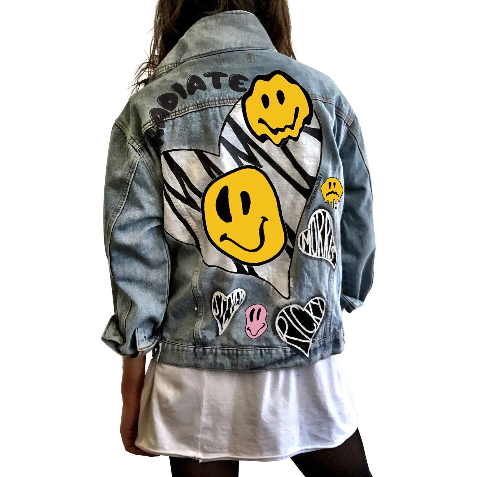 Women's Denim Jacketwomen's 2023 Autumn/Winter New INS American Street Fashion Fun Stories Love Smiling Face Print Button Denim