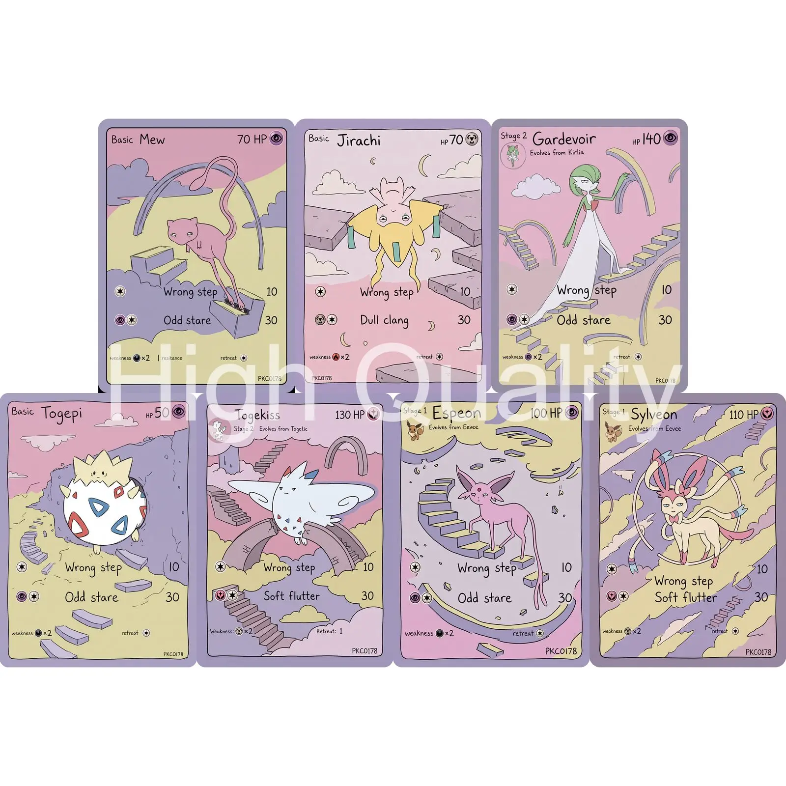7Pcs PKM Cards PTCG Dream Doodle Style Mew Jirachi Gardevoir Togepi Togekiss Espeon Sylveon Art Collection Cards PTCG Gift