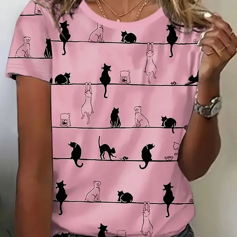 Fashion 2024 atasan kaos oblong wanita lengan pendek kaos oblong anak kucing lucu print kaos oblong wanita ukuran besar berpori Fashion