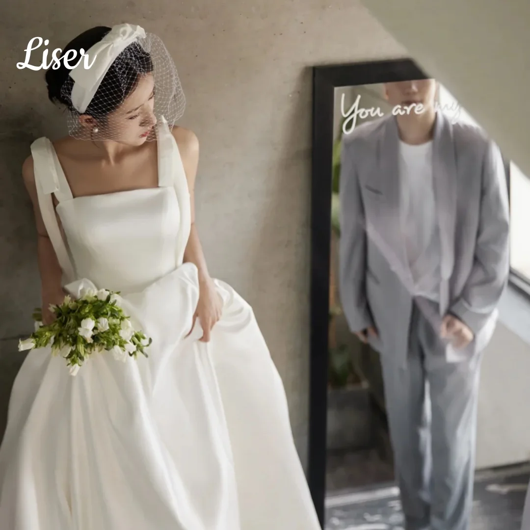 Liser Sparky Hochzeitskleid mit Schleife, Spaghetti-Trägern, bodenlang, Satin, Korea, Fotoshooting, Brautkleid, maßgeschneiderte Abendkleider
