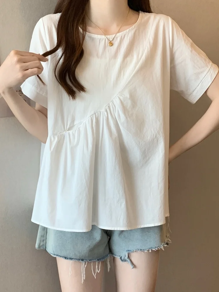 Summer Women's Cotton Linen Shirt Short Sleeve Loose Fit Base Layer Top plus Size Conceals Belly Creative Commute Style