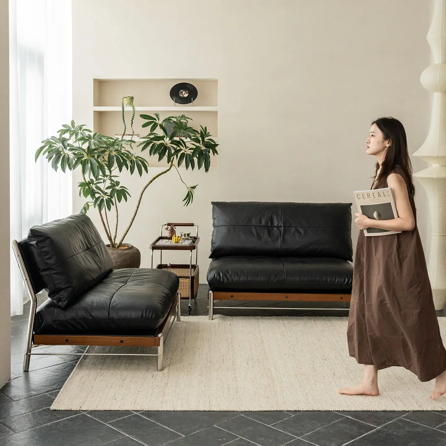 Edge leather art sofa small apartment black module combination oil wax leather sofa straight row sofa