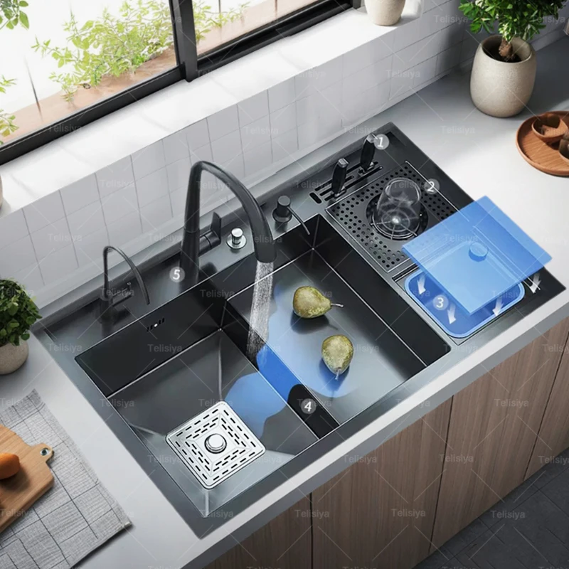 

Stainless Steel Kitchen Sink Stepped Large Single Slot With Cup Washer Knife Holder Multifunctional Wash Dish Vegetables Basin