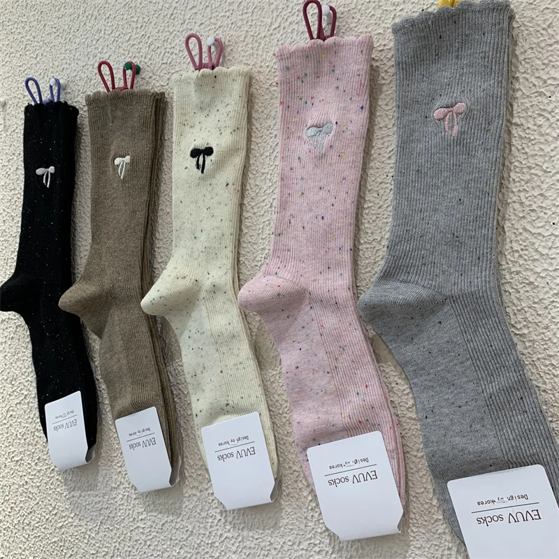 Korean Style Sweet Bowknot Mid Tube Socks for Women knitting Breathable Mesh Tube Socks Girls Ballet Back Heel Bow Crew Socks