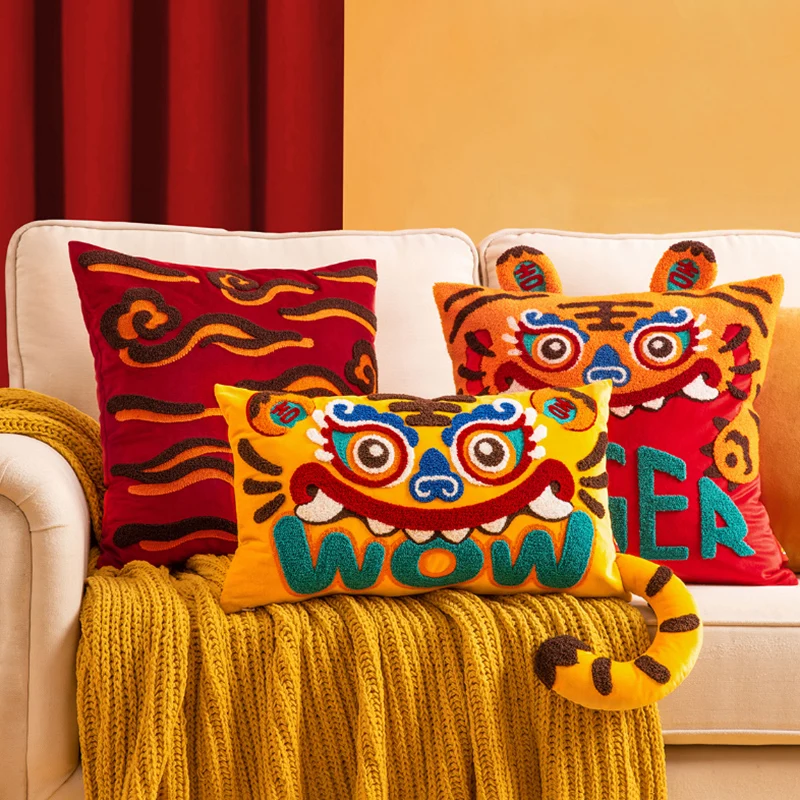 Joy Chinese Traditional Dance Lion Embroidery Cushion Year Of Tiger Sofa Chair Decorative Stuffed Pillow Happy Lucky Cushion