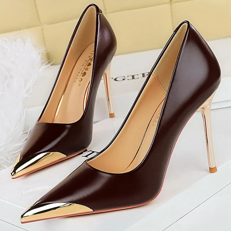 BIGTREE Shoes Retro High Heels Metal Pointed Tip Women Pumps Stiletto 9.5 Cm And 4.5cm Heels Sexy Party Shoes Office Shoes