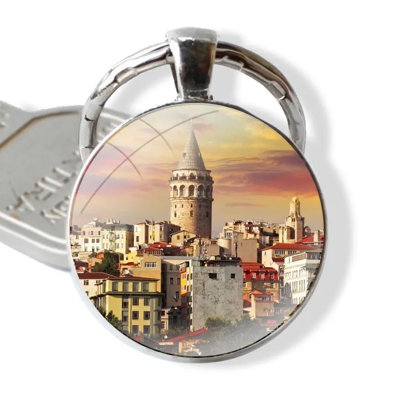 Keychain Glass Cabochon Metal Pendant Classic Men's Women's Keyring Turkey Istanbul