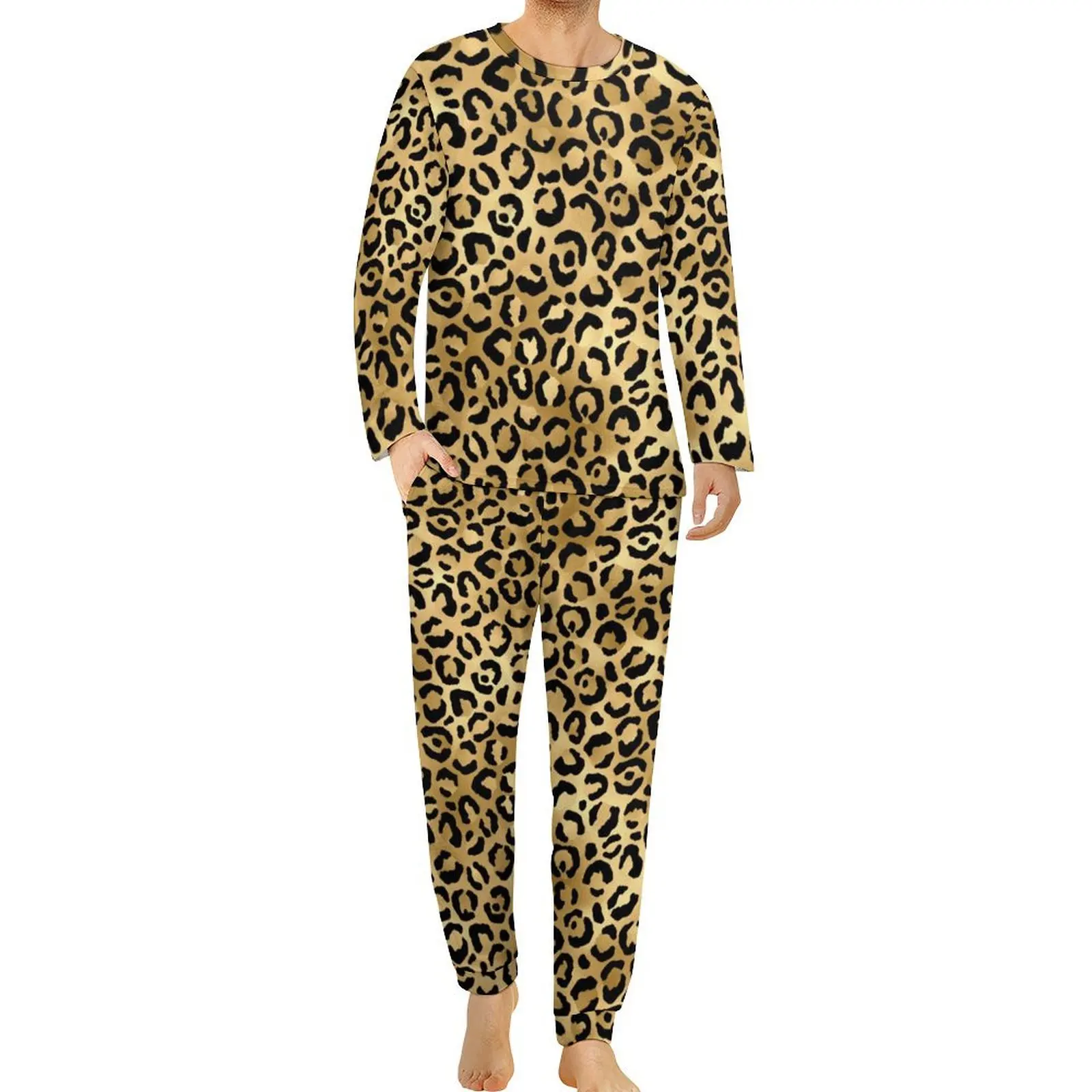 Black Gold Leopard Print Pajamas Autumn Cheetah Animal Leisure Home Suit Men Two Piece Long Sleeves Lovely Oversized Pajama Sets