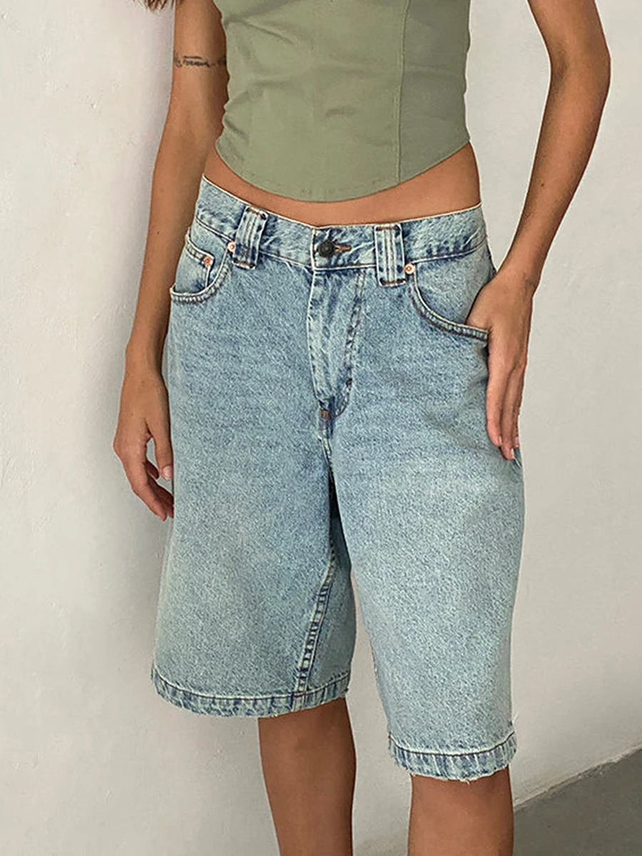 New Fashion Womens Knee Length Denim Shorts Loose Solid Color Low Rise Wide Leg Long Shorts With Pockets For Summer S-2XL