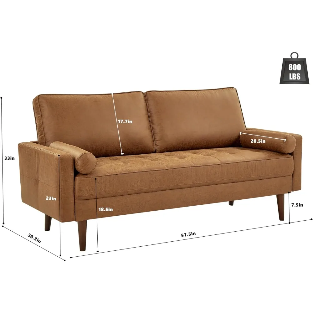 أريكة بمقعدين حديثة لمنتصف القرن مصنوعة من الجلد الصناعي مع مقعد عميق ووسادتين لغرفة المعيشة المنزلية