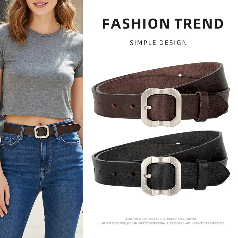 Women's Genuine Leather Metal Square Buckle Belt,Luxury Design Fashion Simple and Atmospheric,Paired with Jeans Decorative Belt