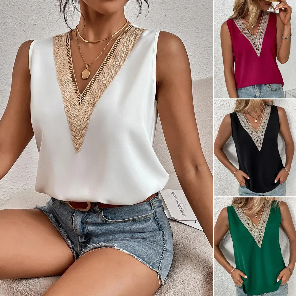 

2024 Summer Lace Shirt V-neck Lace Splicing Simple Thin Bottom Shirt Loose Sleeveless T-shirt