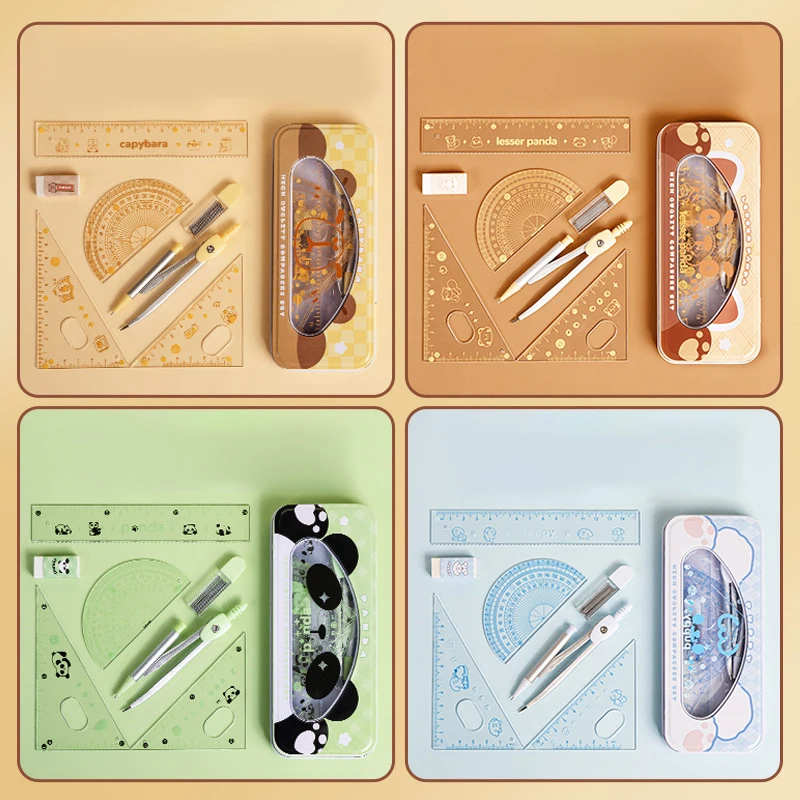 7 Stück Cartoon niedlichen Studenten Lineale Winkelmesser Kompass klare Skala präzise genaue Mathematik Geometrie Set Briefpapier Schul material