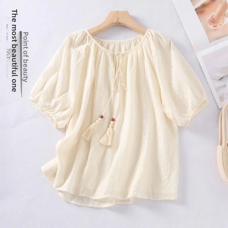 

Loose Cotton Linen Embroidered Tassel Trim irt Casual ort Sve Women's Faion Top Versatile Loose irt ort T-irt
