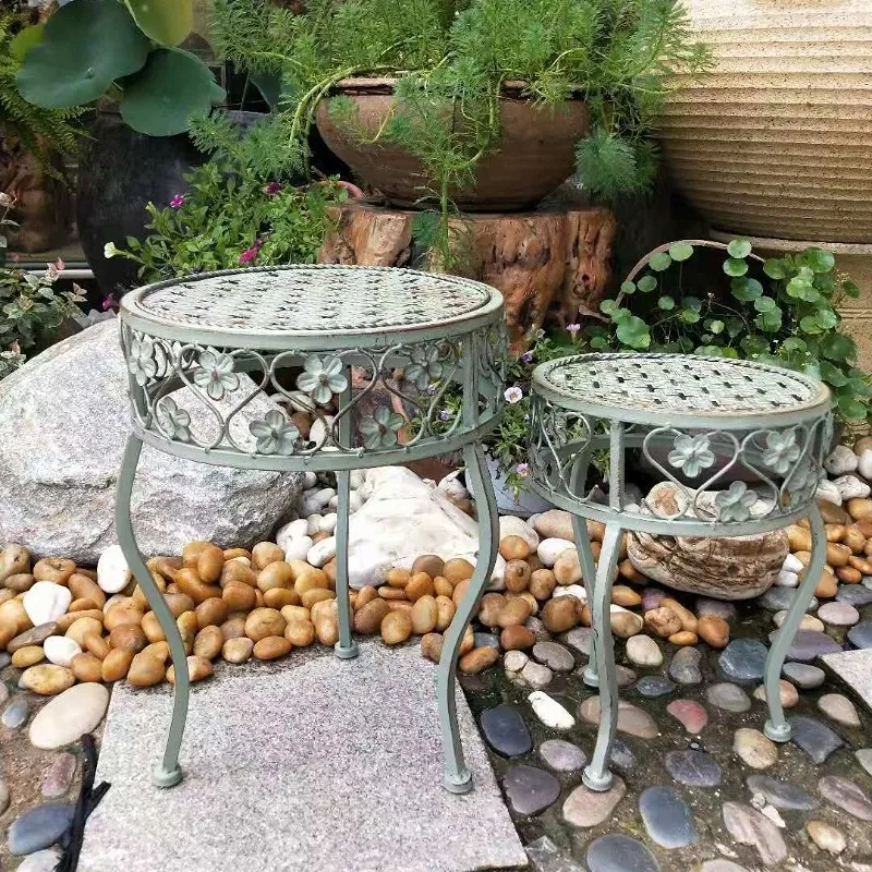 Villa courtyard wrought iron flower cross grid flower stool two-piece set flower pot lift