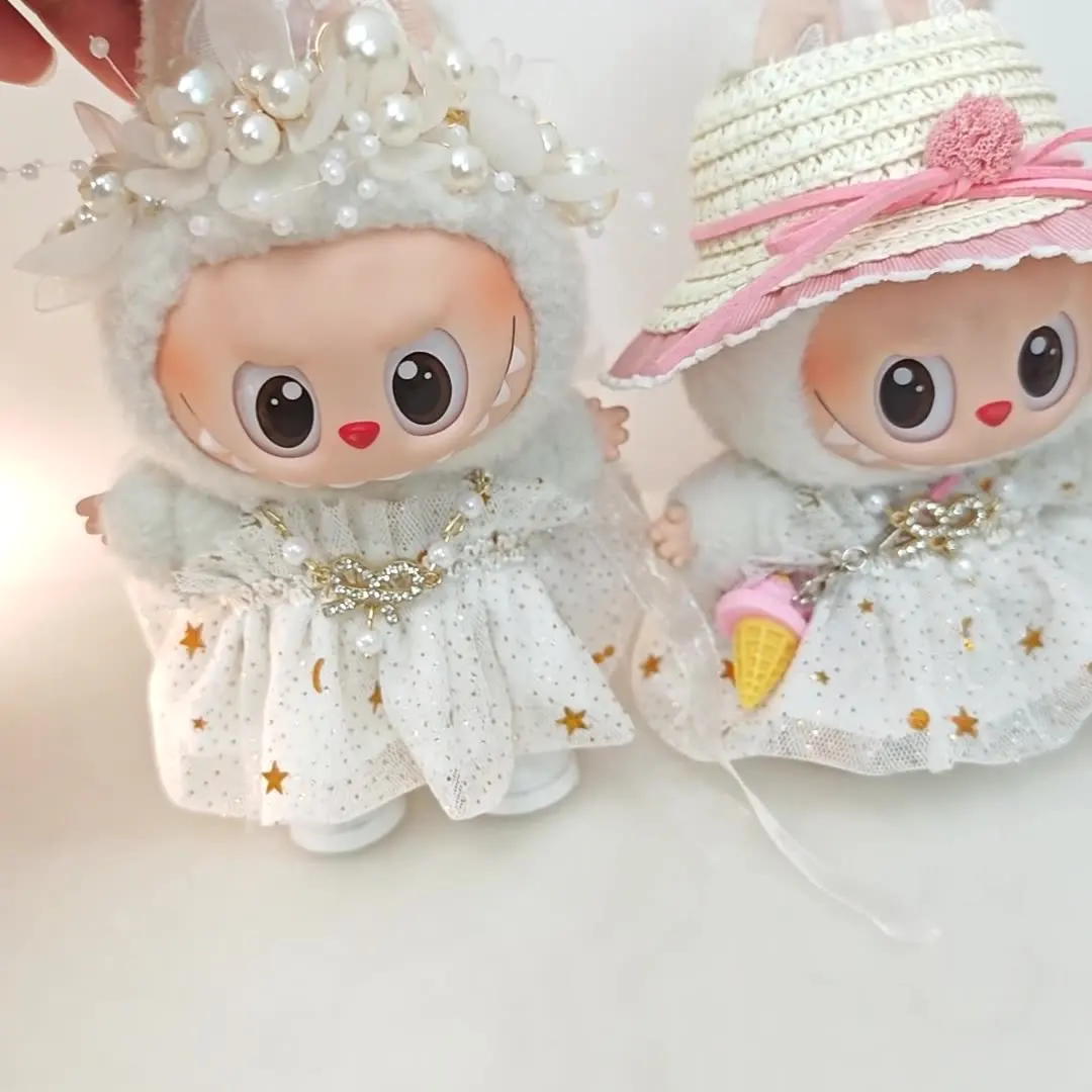 Labubu 옷 15-17CM 미니 봉제 인형 공주 거즈 드레스 블링 블링 스타 스커트 목걸이 모자를 쓰고 있죠 밀짚 모자 3 개/갑 선물