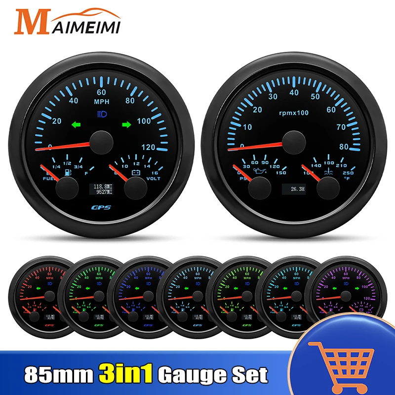 

85mm 3 in 1 Tachometer+Oil Press+Water Temp With Sensors 7 Colors Backlight Gauge Set 3in1 GPS Speedometer+Fuel Level +Voltmeter