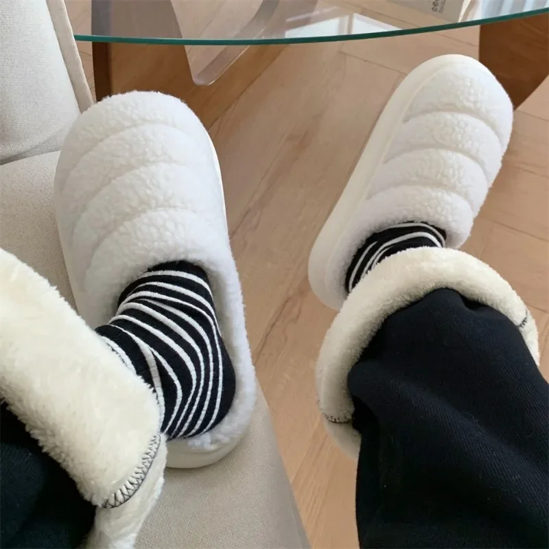 Comfortable padded warm lamb wool cotton slippers female fall and winter simple caterpillar indoor soft bottom moon shoes