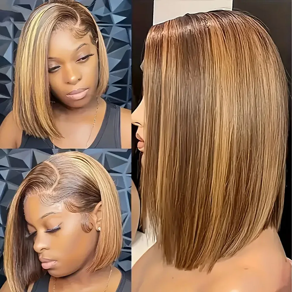 

13X4 Straight Bob Lace Front Wigs Human Hair Highlight Pre Plucked Honey Blonde 220Density Transparent Lace Frontal Wig 4/27