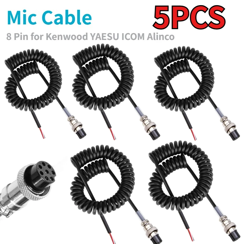 5pcs 8 Pin Mic Extension Cable 1.8M Durable Coiled Cable Compatible with Kenwood YAESU ICOM Alinco CB Radio