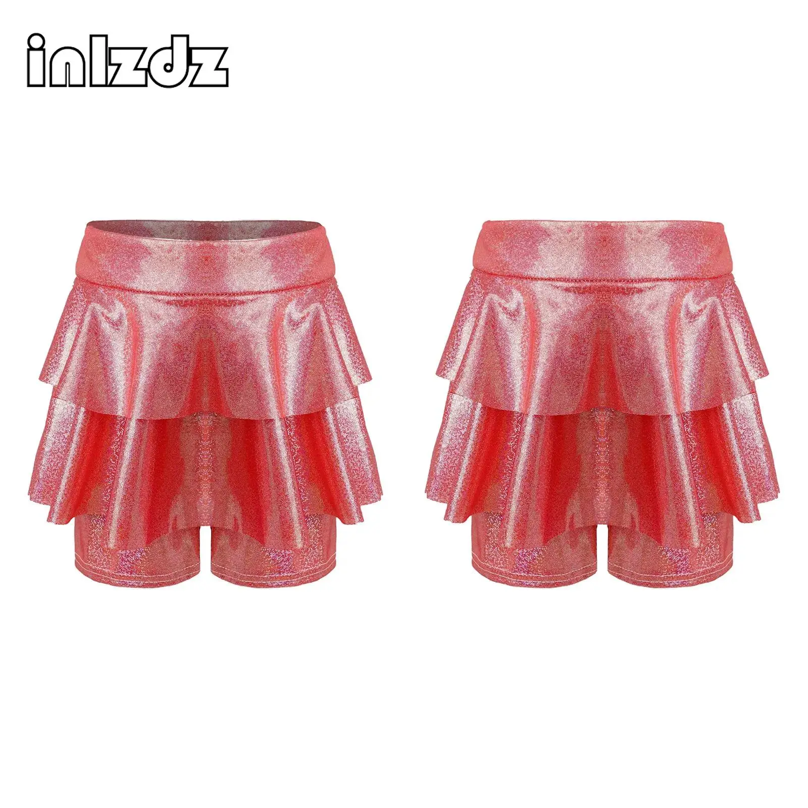 

Kids Girls Cheerleading Elastic Waistband Metallic Shiny Skirted Shorts Culotte for Parties Jazz Dance Performance Clothing