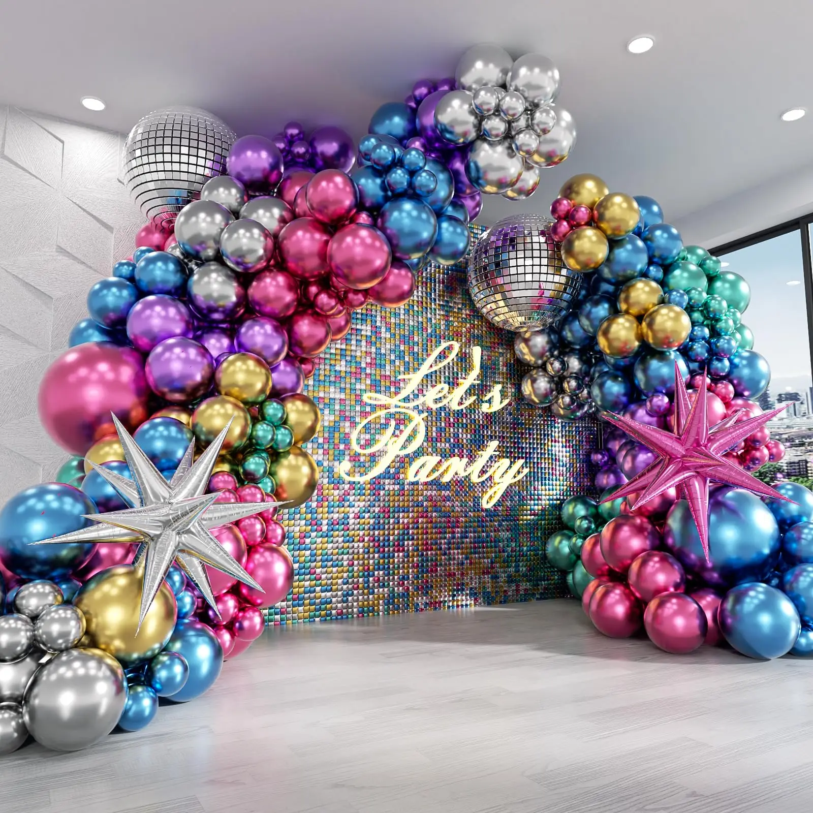 134pcs Disco Party Balloons Arch Kit Disco Ball Silver Blue Hot Pink Gold Starburst Balloons per la decorazione di compleanno anni \'70 anni \'80 anni