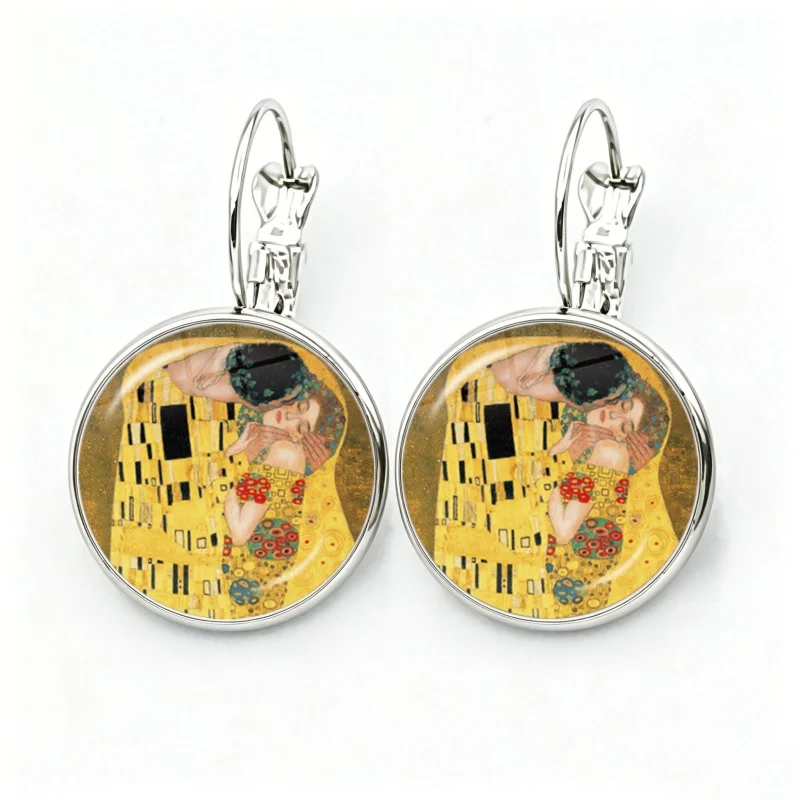 Classic Gustav Klimt Abstract Figure Artwork Kiss Tree of Life Glass Cabochon French Hook Earrings Drop Earrings Jewelry Gifts