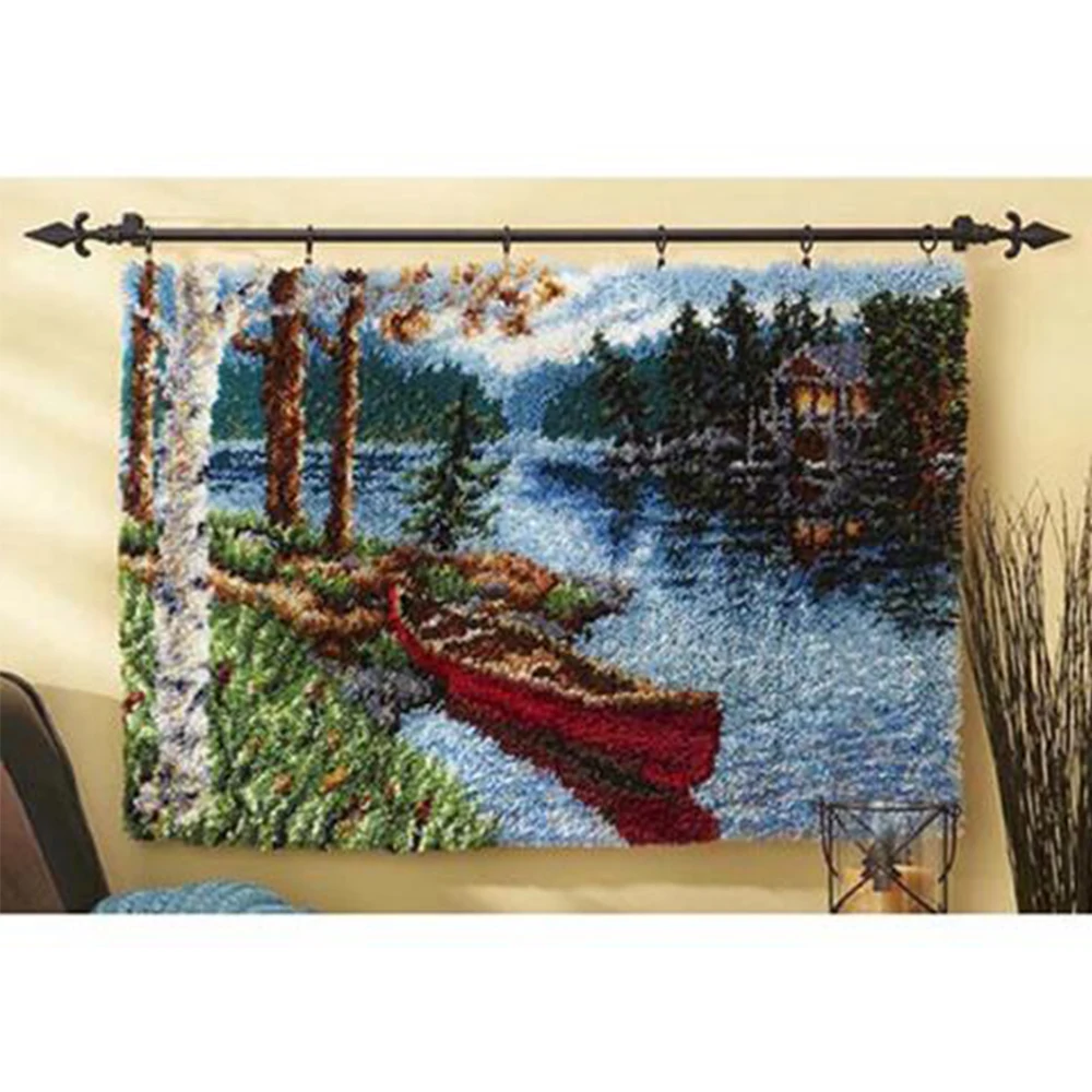 Latch hook rug kits DIY Crochet Carpet Rivers and boats Patterns Pre-Printed Canvas Yarn Rug Embroidery Crafting Arts for Adults