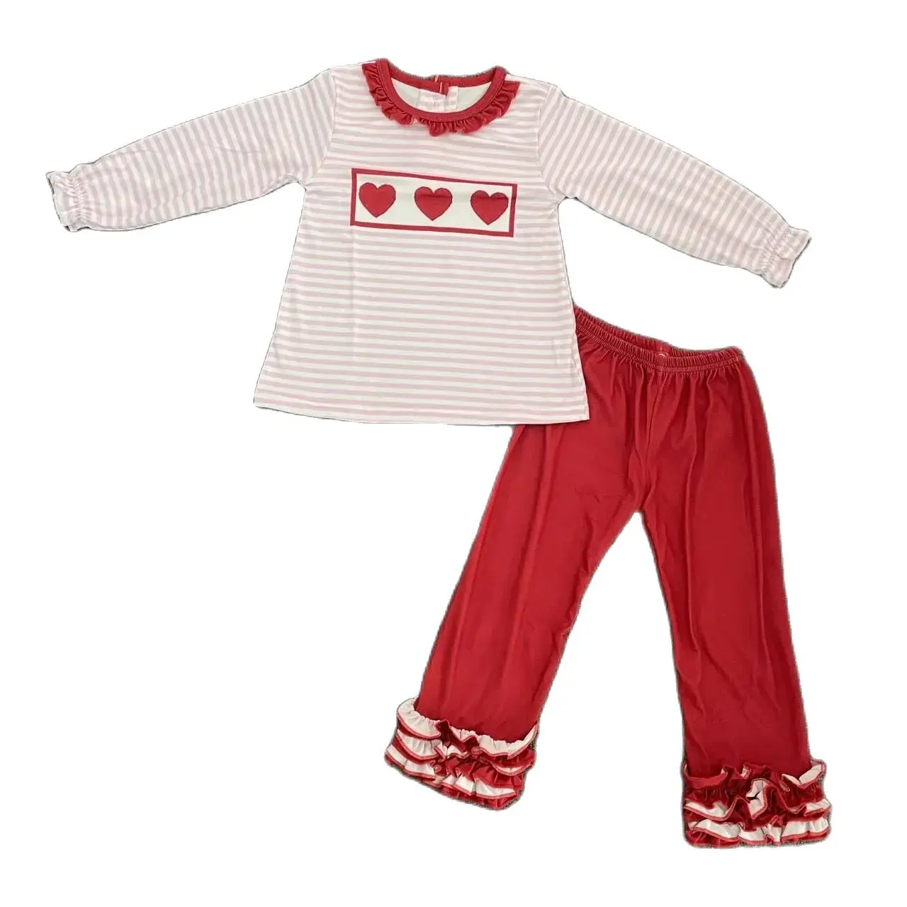 

Valentine's Day Girls Set Fashion Baby Little Girl Love Ruffled Pajamas Wholesale Love Pocket Set for baby suit