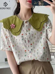 New Spring Cotton Casual Shirt Women Short Sleeve Floral Peter Pan Collar Top Girl OL Loose Sweet Blouses 2024 Summer T44802QM