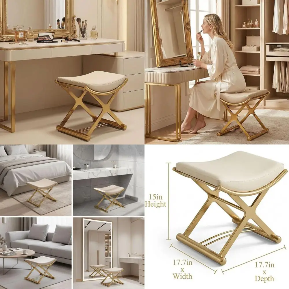 Leather Vanity Stool with Metal Legs: Compact Ottoman for Makeup, Bedroom, Living Room, Dining Room - Gold