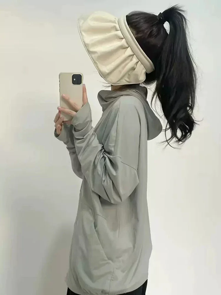 Sun-proof Jackets Women Japanese Style Pure Elegant Pocket Hooded Long Sleeve Comfortable Daily Streetwear Simple Thin Stretchy