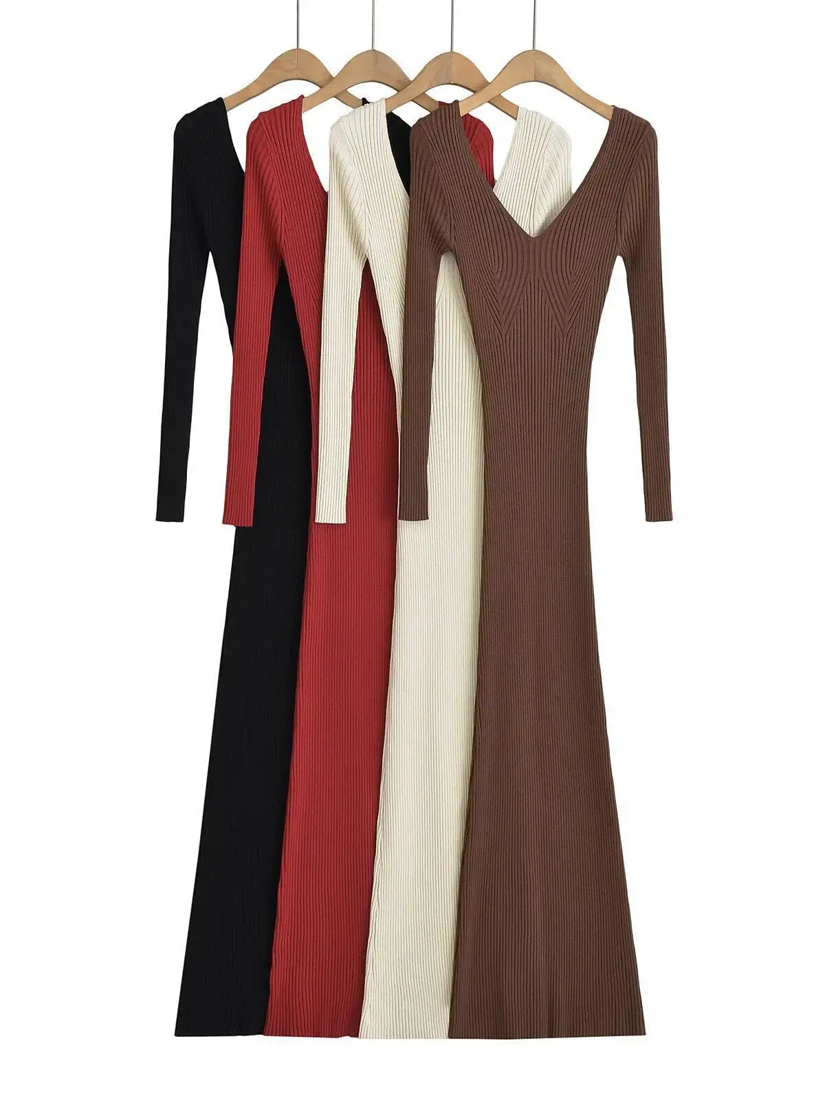 2025 Otoño/Invierno nuevo vestido de punto de manga larga con espalda descubierta y cuello en V para mujer estilo francés ceñido cintura envolvente vestido ajustado a la cadera VVDR