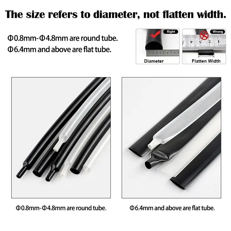1/5/10M 2:1 PVDF Heat Shrink Tube Dia. 0.8~ 25.4mm Black/Transparent 600V Oil Resistant High Temperature Cable Protector Sleeve