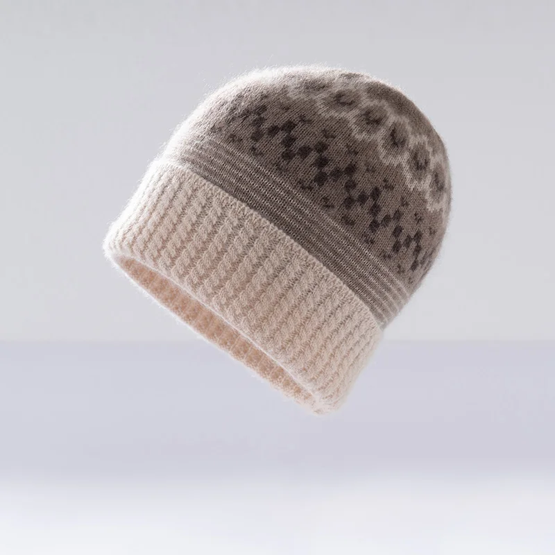 KOIJINSKY Women Autumn Winter 35% Cashmere 65% Merino Wool Vintage Geometric Jacquard Knit Beanie Contrast Ribbed Roll Cuff Elas