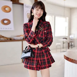 Elegant Plaid Tweed Blazer and Shorts Suits for Women, Matching Set Chic Business Outfits Office Plus Size Autumn Winter 2 Pcs