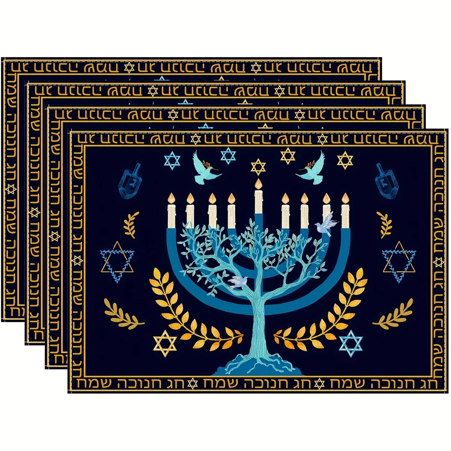 1pcs【Festival Theme】Blue & Gold Print Placemat, Menorah Olive Branch Dove Pattern, Home Dining Table Decor