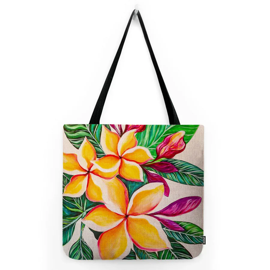 Green Tropical Plant Canna Palm Leaves Flower Water Resistant Cotton Linen Shoulder Tote Bag Carrying Shopper Grocery Bag