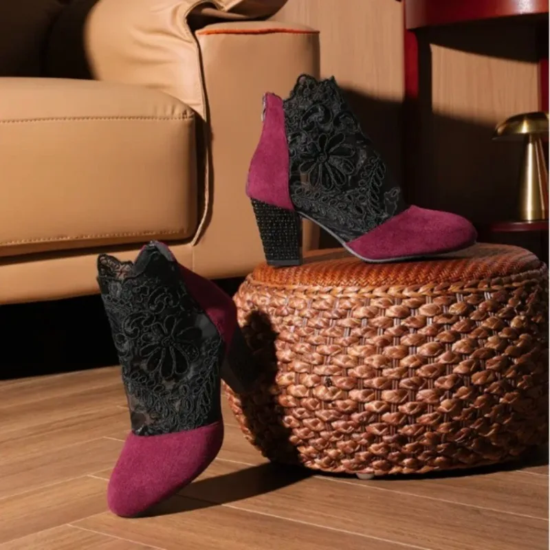 Scrub Leather Cutout Mesh Boots Spring & Autumn Mesh Lace Mesh Breathable Rear Zip Plus Size Kid Heel Booties