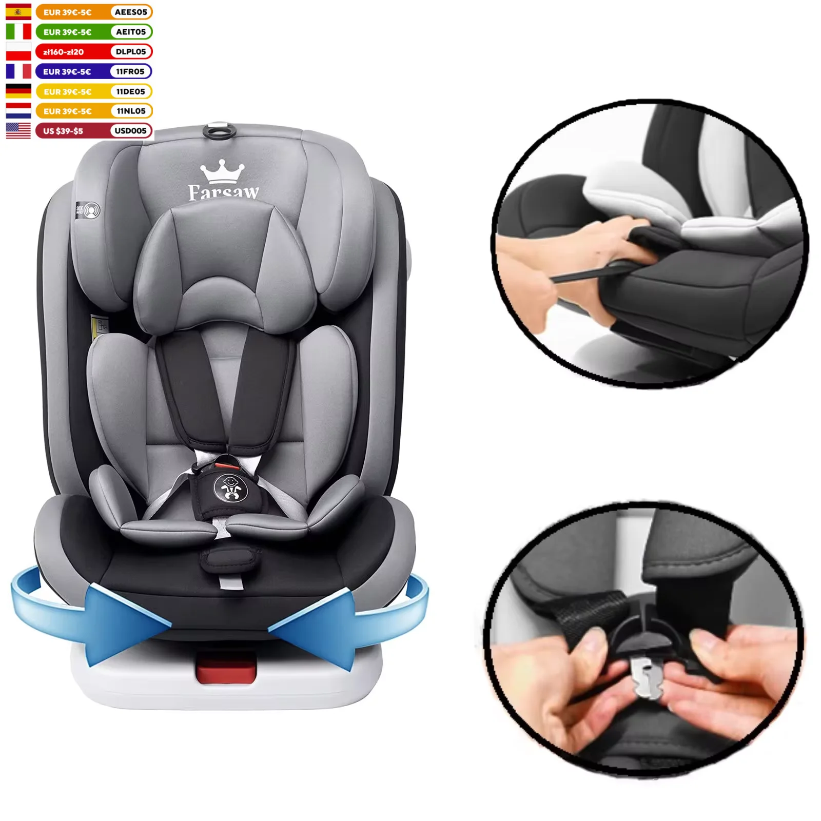 AP02 KL005 Silla de coche para bebé silla infantil giratoria 360° con ISOFIX y posición de descanso, grupo 0+1/2/3 (9-36 kg/0-12 años), cinturón de