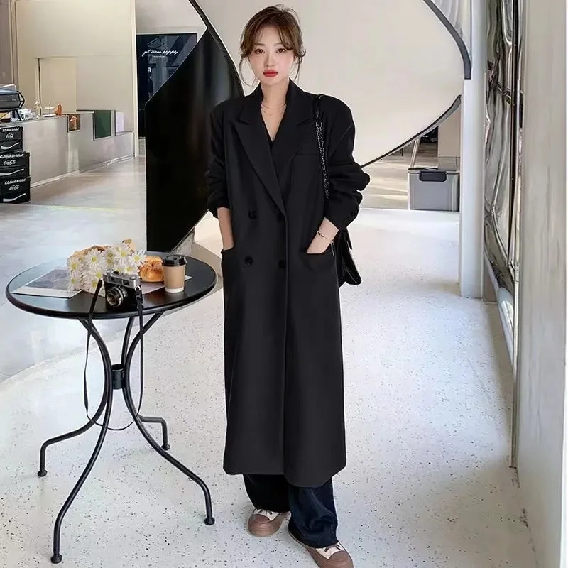 

Autumn Long Coffee Flowy Blazer Coat Women with Back High Slit Double Breasted Loose Casual Korean Fashion Overcoat 2025