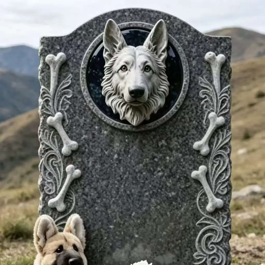 Premium Granite Pet Memorial Stone With 3D Dog Bust Sculpture, Weatherproof Outdoor Grave Marker