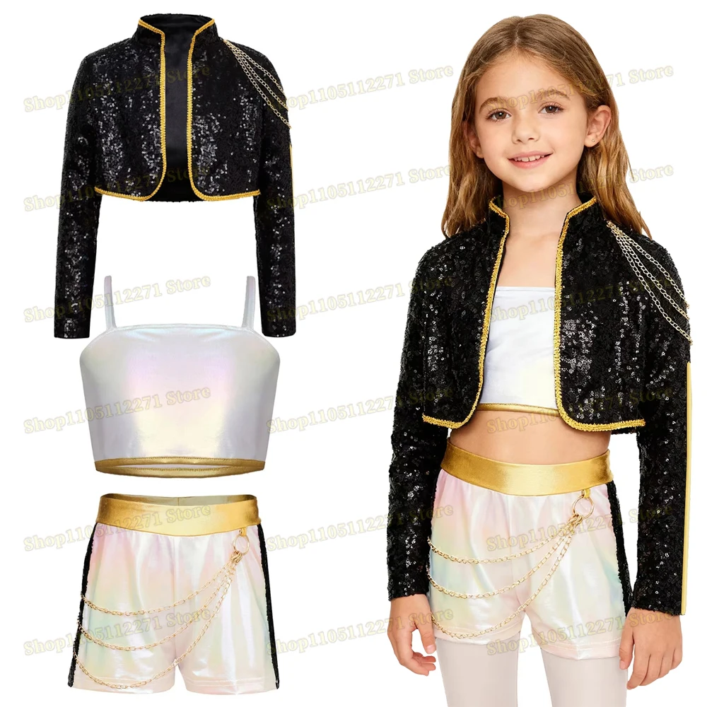 Tenue de jeu de rôle pour enfants filles, Costume de fête d'halloween, débardeur sans manches brillant métallique, ceinture, short avec chaîne de taille