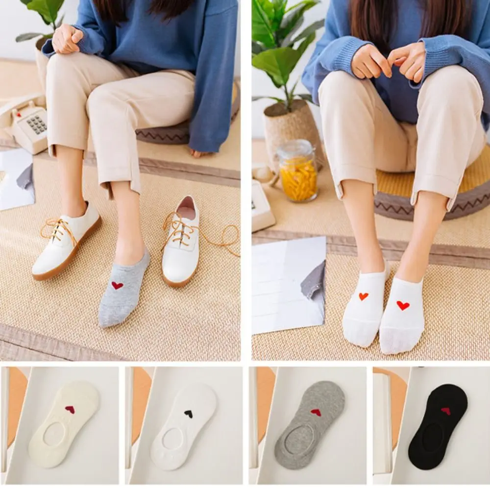 5켤레 땀 흡수 하트 모양 보트 양말 로우컷 귀여운 숏 튜브 양말 여성용 양말 미끄럼 방지 보이지 않는 양말 여름용