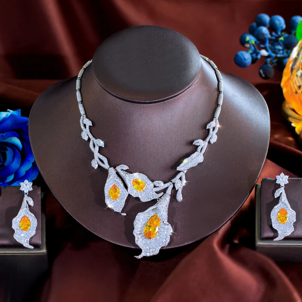 

Комплект украшений ThreeGraces в ретро-стиле с блестящими желто-белыми цирконами в форме больших листьев для женщин, для свадьбы и вечеринок, T1071