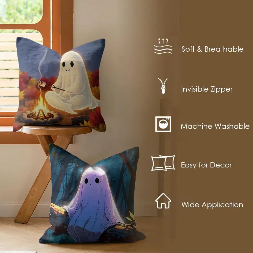 Cute Halloween Ghost Cushion Cover Soft Short Plush Pillow Cover Smooth Cozy Texture Aesthetic Cushion Case Home Decor